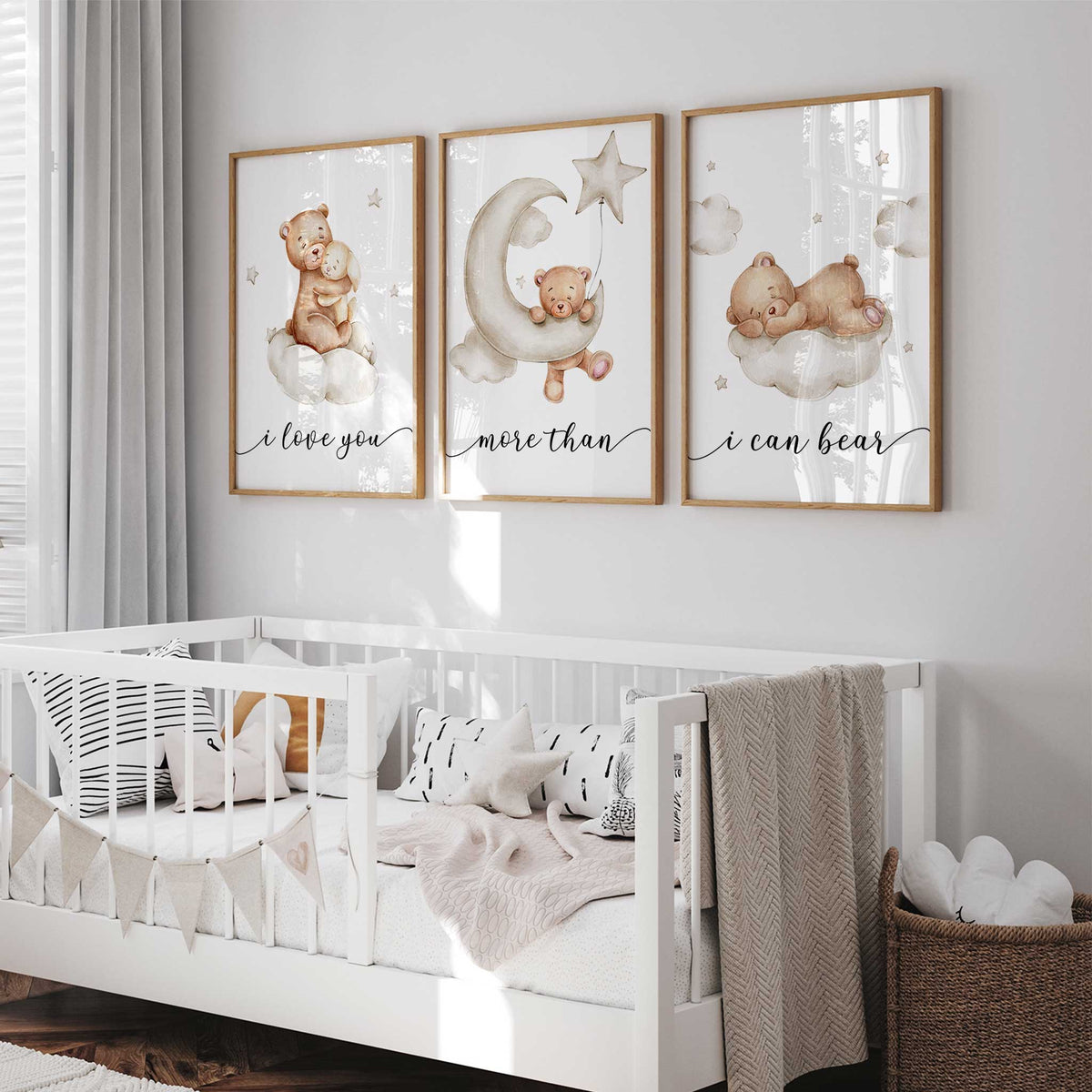 Teddy bear nursery print trio with soft brown bears, pale clouds, moon and stars, and a flowing black script quote.