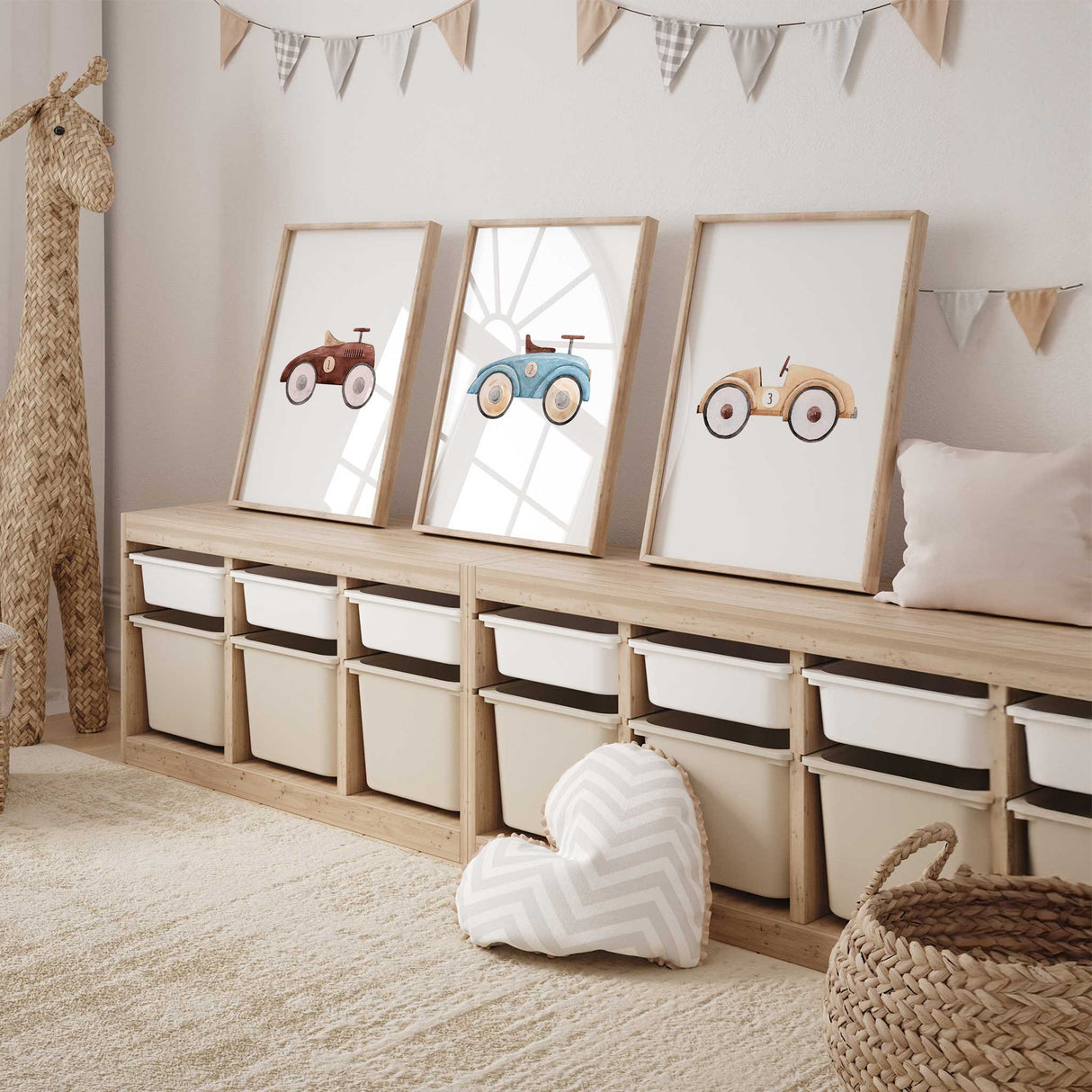Watercolour toy car prints for boys bedroom featuring numbered vintage racers in brown, blue and beige. Nursery wall art collection. Available in multiple standard print sizes to suit both Australian and international frames.