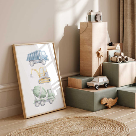 Soft watercolour truck digger and cement mixer illustration in a vertical layout perfect for boys nursery construction themed room décor.