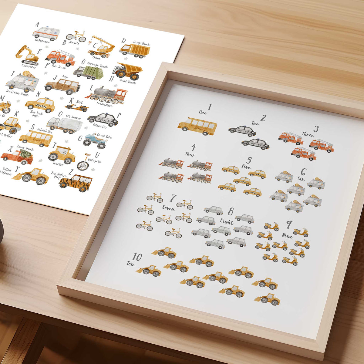 Watercolour vehicle alphabet and counting prints 