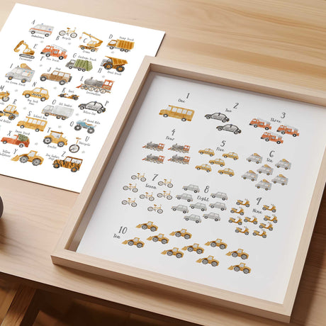 Watercolour vehicle alphabet and counting prints 