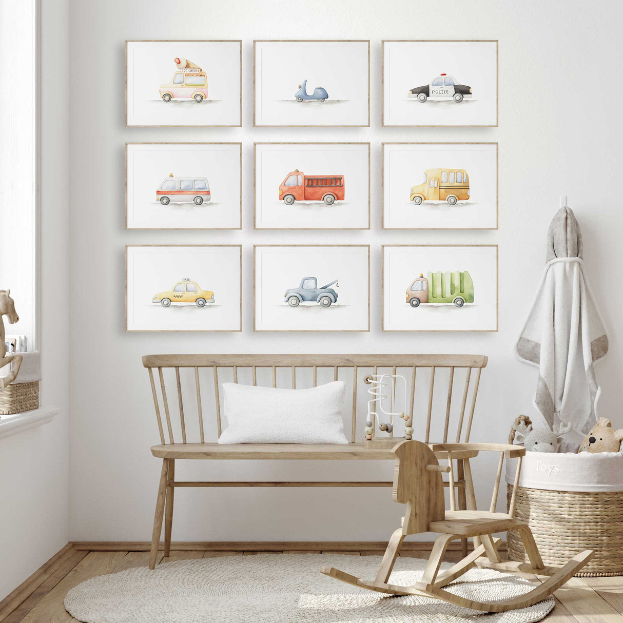 Watercolour vehicle prints for kids bedroom and playroom decor