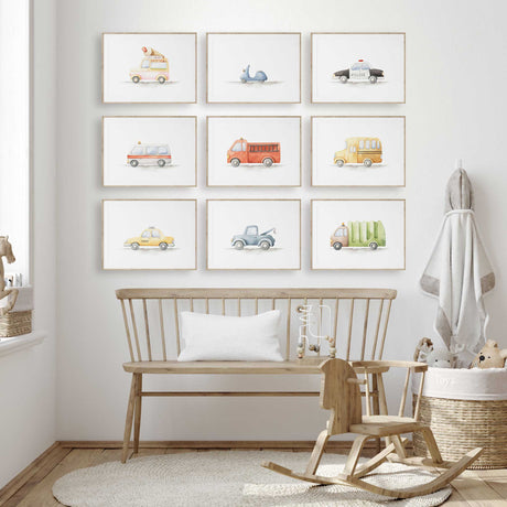 Watercolour vehicle prints for kids bedroom and playroom decor