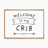 nursery decor with a fun welcome to my crib text