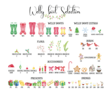 Welly boot selection chart showing different boot styles, festive accessories, gifts, flora, and drinks for custom family prints.