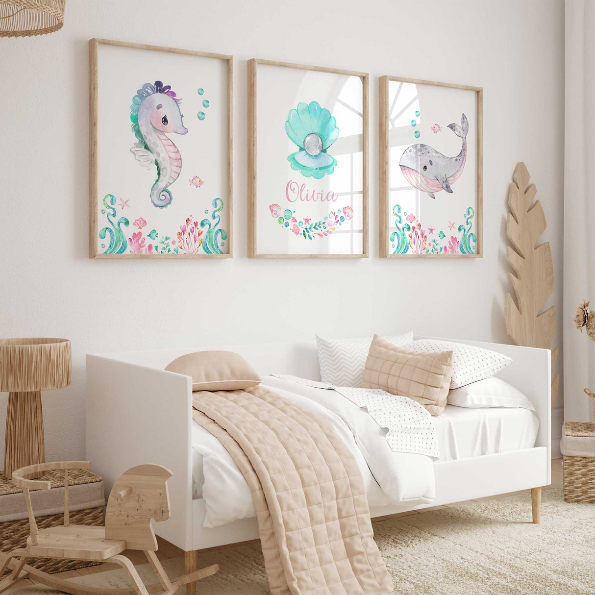 Grey whale and pastel seahorse girls wall art