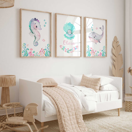 Grey whale and pastel seahorse girls wall art