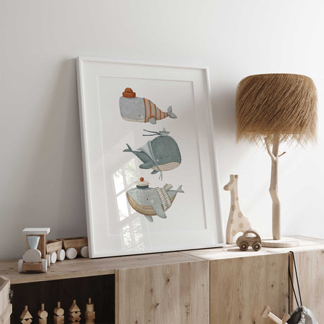 Whale print set designed for boys' rooms with maritime-inspired artwork