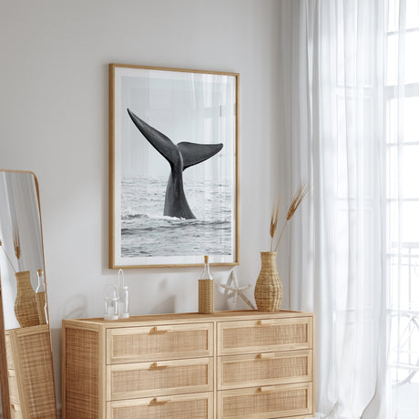 whale tail photography print in soft grey ocean tones 