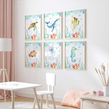 Watercolour whale turtle jellyfish clownfish angelfish and seahorse prints