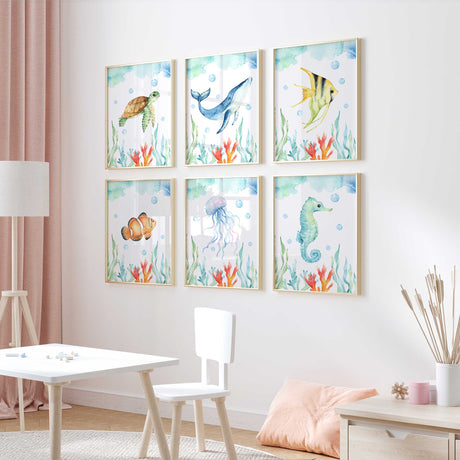 Watercolour whale turtle jellyfish clownfish angelfish and seahorse prints
