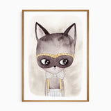 Whimsical cat wall art with large eyes, wearing a mask, bow tie, and suspenders