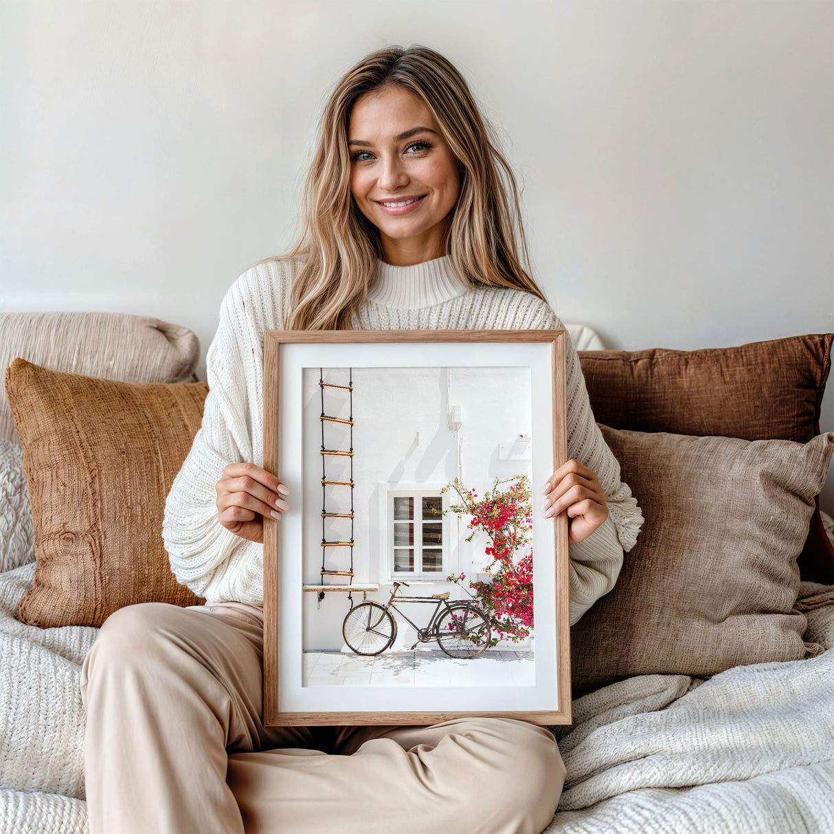 Whitewashed coastal bike print with bright florals and airy summer light