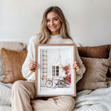 Whitewashed coastal bike print with bright florals and airy summer light