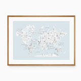 Beautifully illustrated world map print with safari animals, arctic creatures, and ocean life for a fun educational experience