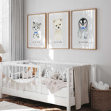 Winter themed nursery prints with gentle baby animal artwork