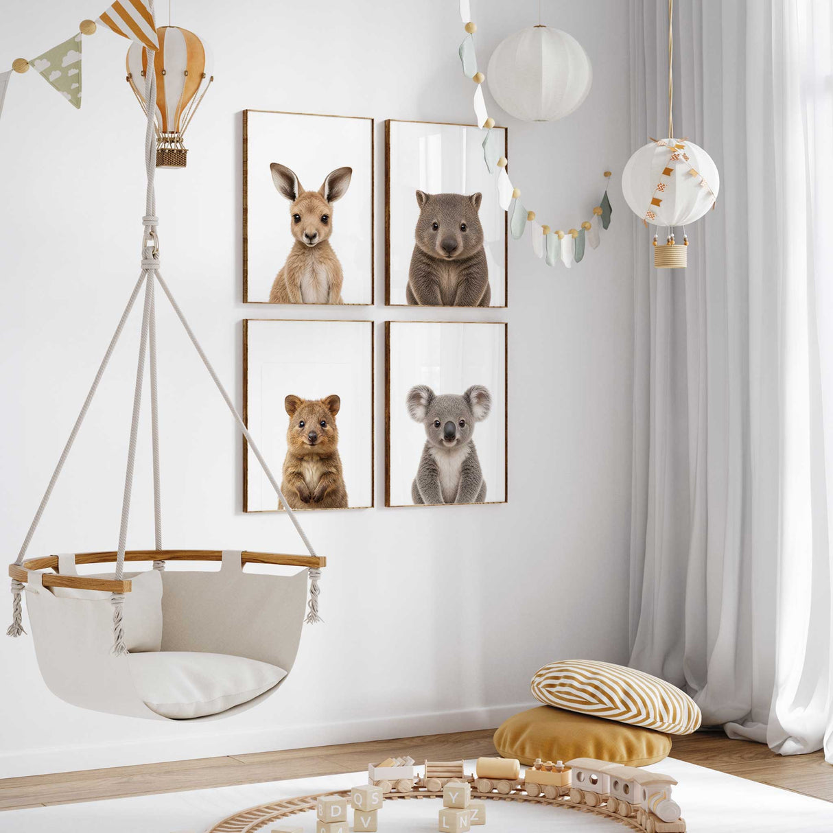 Wombat, kangaroo, koala and quokka nursery prints in a soft neutral style