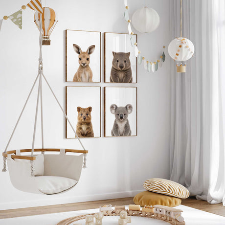 Wombat, kangaroo, koala and quokka nursery prints in a soft neutral style