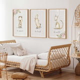 Three watercolour Australian animal prints with pink floral details and be smart, be kind and be wild script lettering.