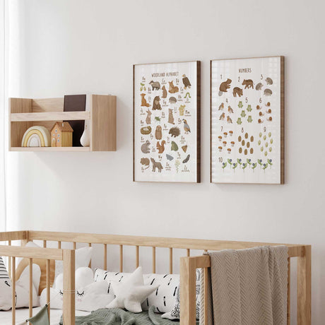 Woodland alphabet and numbers print set with forest animals, nature illustrations, letters A to Z and counting 1 to 10