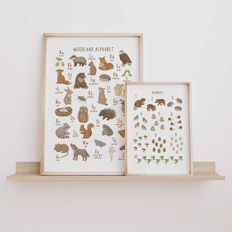 Woodland alphabet and numbers print set for nursery or playroom learning decor