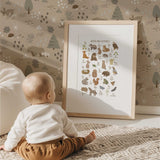 Woodland alphabet print featuring illustrated animals and nature items for each letter from A to Z in soft neutral colours.