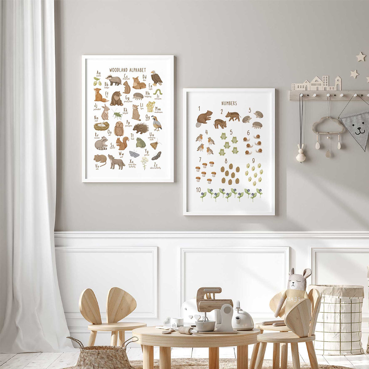 Woodland alphabet print featuring letters A to Z with illustrated forest animals and nature items for children's rooms