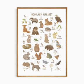 Woodland alphabet wall art print with animals and nature for kids’ nursery