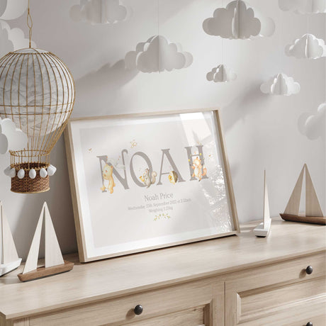 Musical woodland animal name print with a bear, squirrel, hedgehog and fox playing instruments around the lettering
