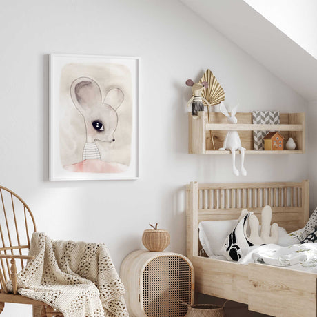 Woodland animal mouse nursery print with minimal watercolour style