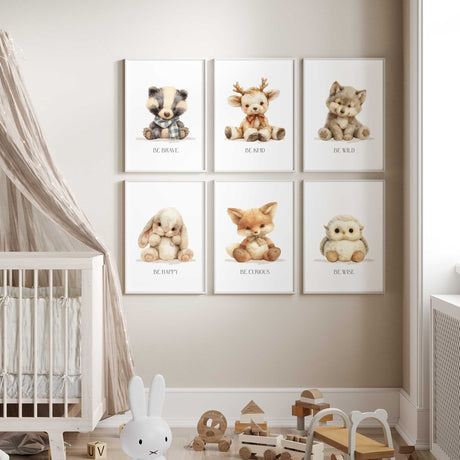 Set of six woodland animal nursery prints with bunny badger deer fox owl and wolf watercolour illustrations