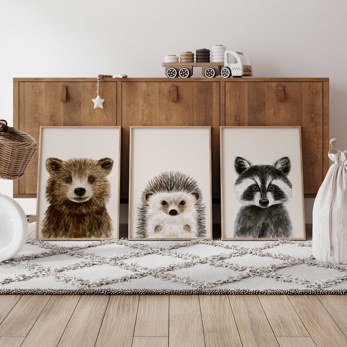 Forest animal nursery prints – bear, raccoon and hedgehog in neutral tones