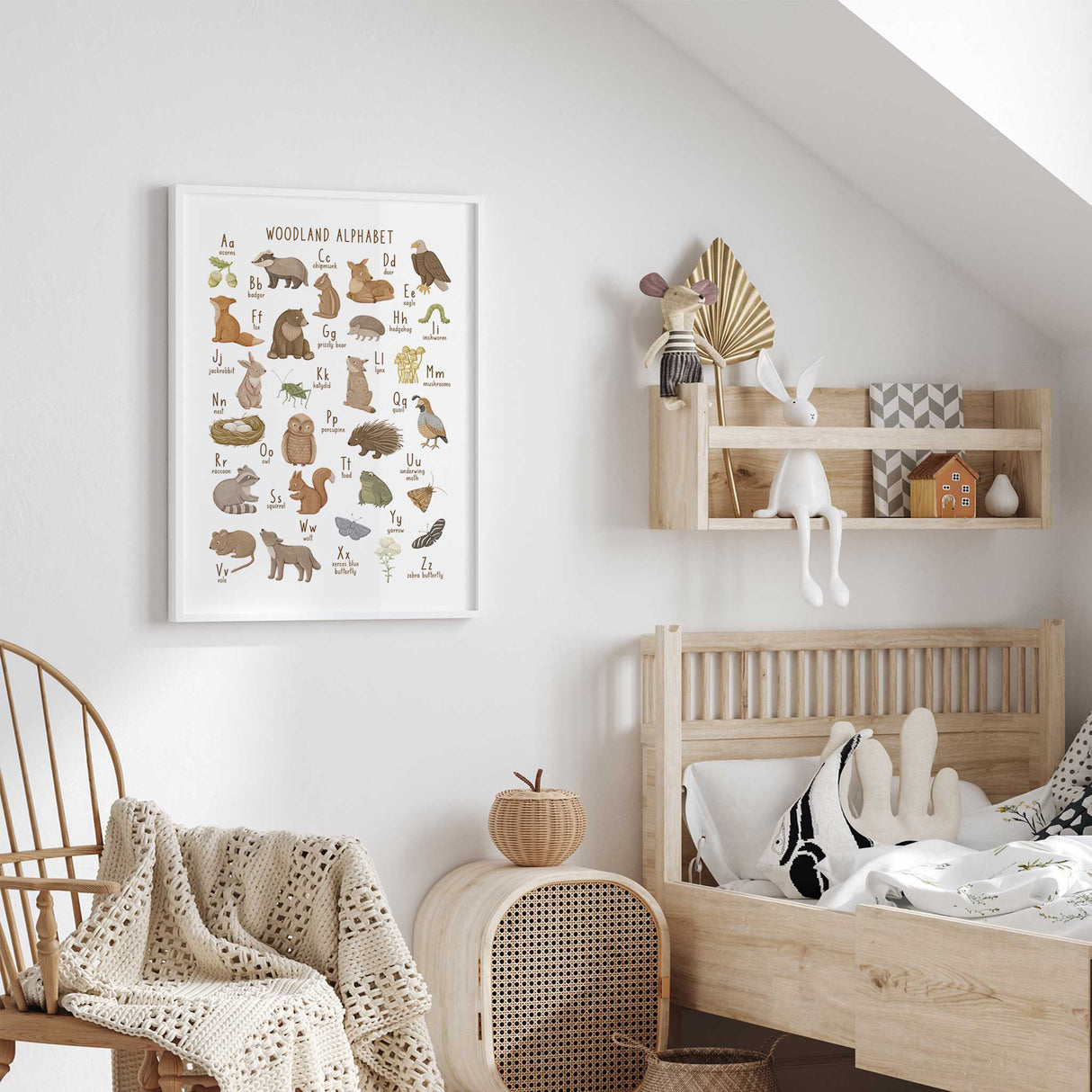Kids woodland-themed alphabet wall art in neutral earthy tones