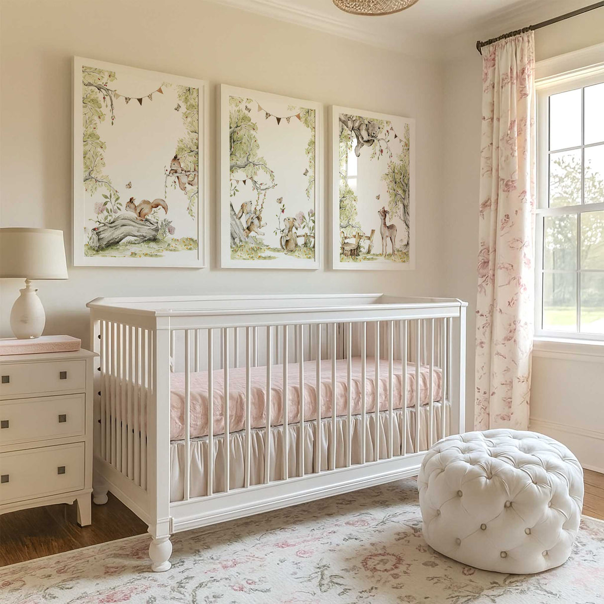 Woodland animals nursery print set with hand painted rabbit, squirrel and deer in soft neutral tones for a baby nursery wall