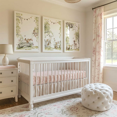 Woodland animals nursery print set with hand painted rabbit, squirrel and deer in soft neutral tones for a baby nursery wall