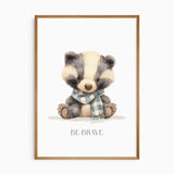 watercolour badger kids wall art with Be Brave affirmation for nursery décor