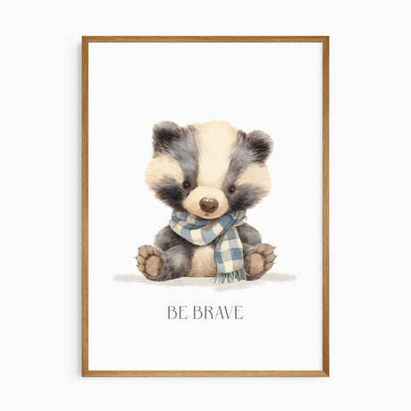 watercolour badger kids wall art with Be Brave affirmation for nursery décor