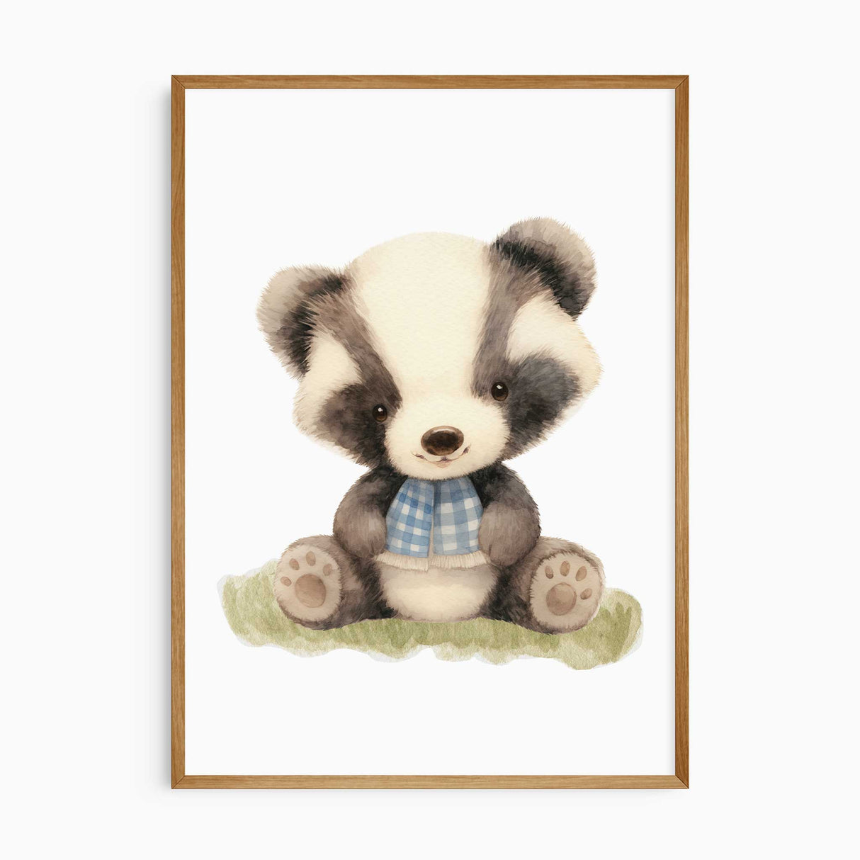 Badger nursery print cute woodland animal sitting on grass with blue scarf illustration