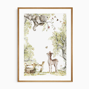 woodland nursery print with bear resting in tree and deer below