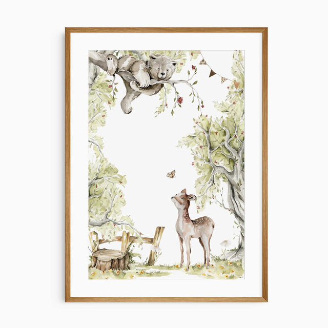 woodland nursery print with bear resting in tree and deer below
