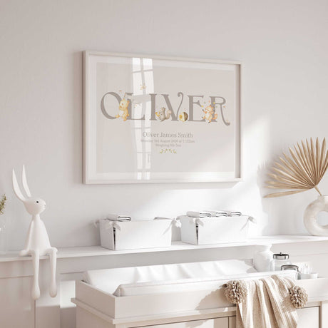 Birth stat wall art with neutral woodland animals and baby name