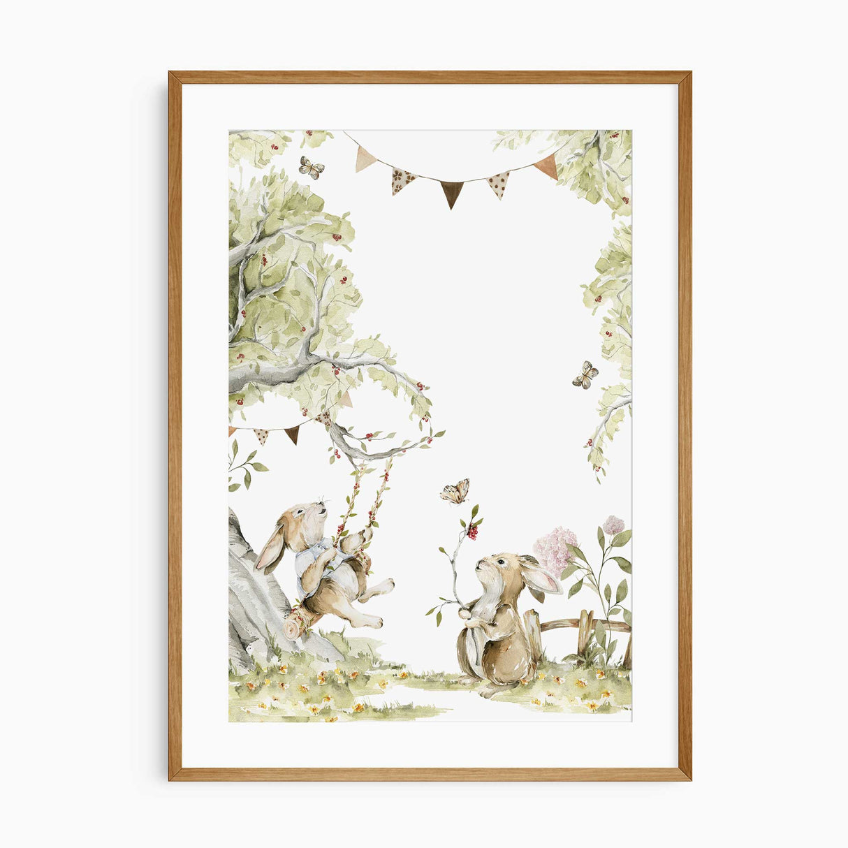 woodland bunny nursery print with rabbits butterflies and bunting