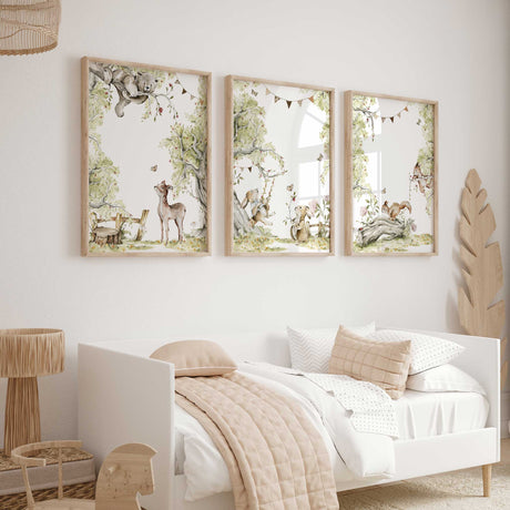 Woodland creatures wall art in soft neutral tones for boys' or girls' nursery.
