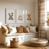 Woodland animal wall art set for kids bedrooms printed on white background