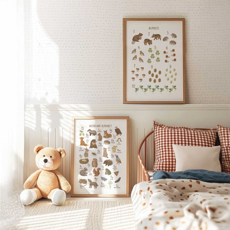 Woodland educational wall art set with alphabet and numbers for kids rooms
