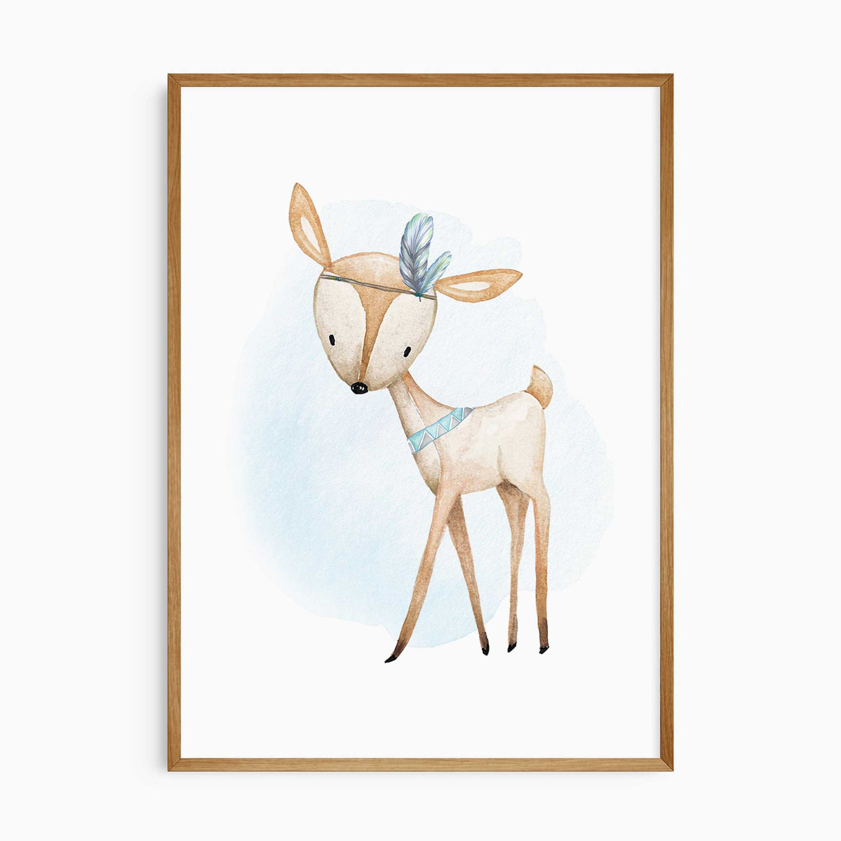 Watercolour woodland fawn nursery print for boys room decor with soft blue background.