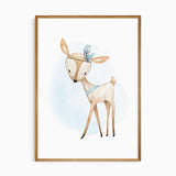 Watercolour woodland fawn nursery print for boys room decor with soft blue background.