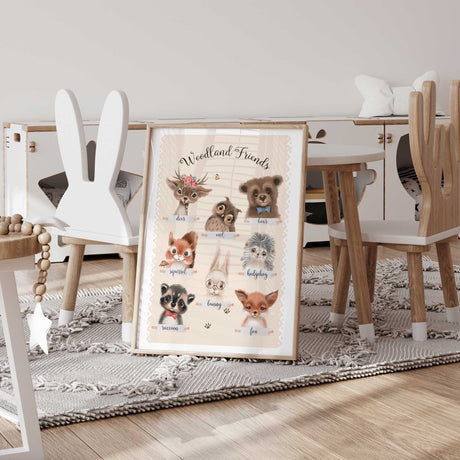 Forest-themed nursery wall decor with watercolor-style illustrations of woodland creatures for a cozy kids’ bedroom.