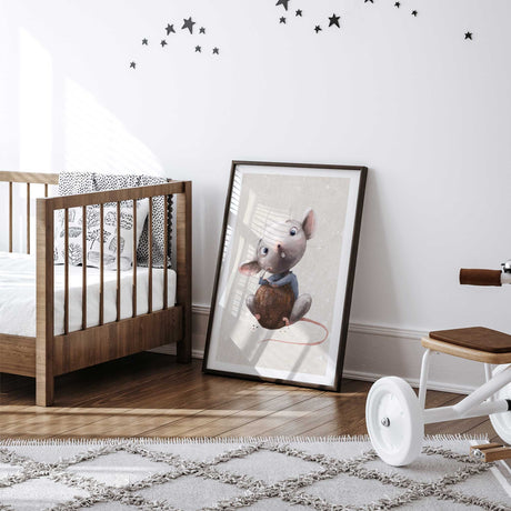 Woodland mouse nursery wall art print showing sweet illustrated animal character for cosy nursery or toddler bedroom spaces