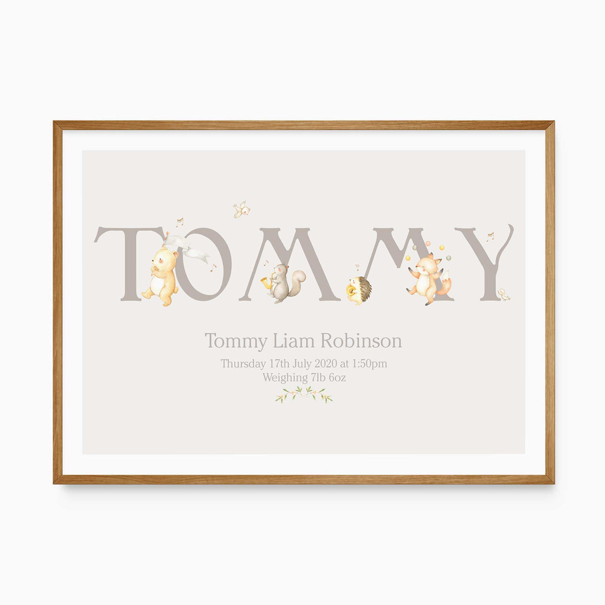 Personalised woodland name print with soft animal illustrations for boy's nursery
